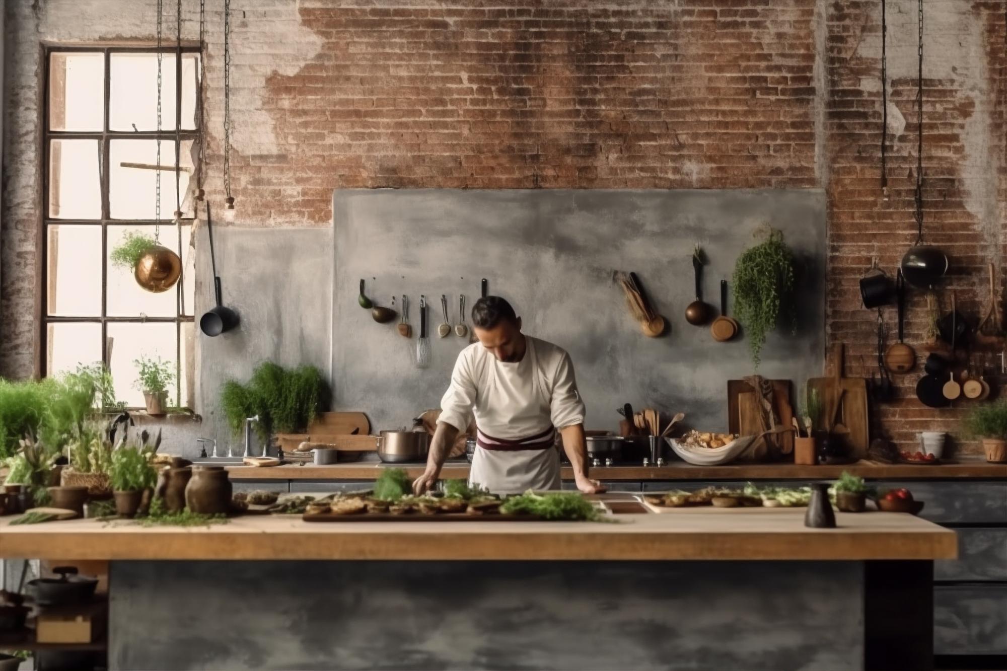 Workshop kitchen interior with chef at bench