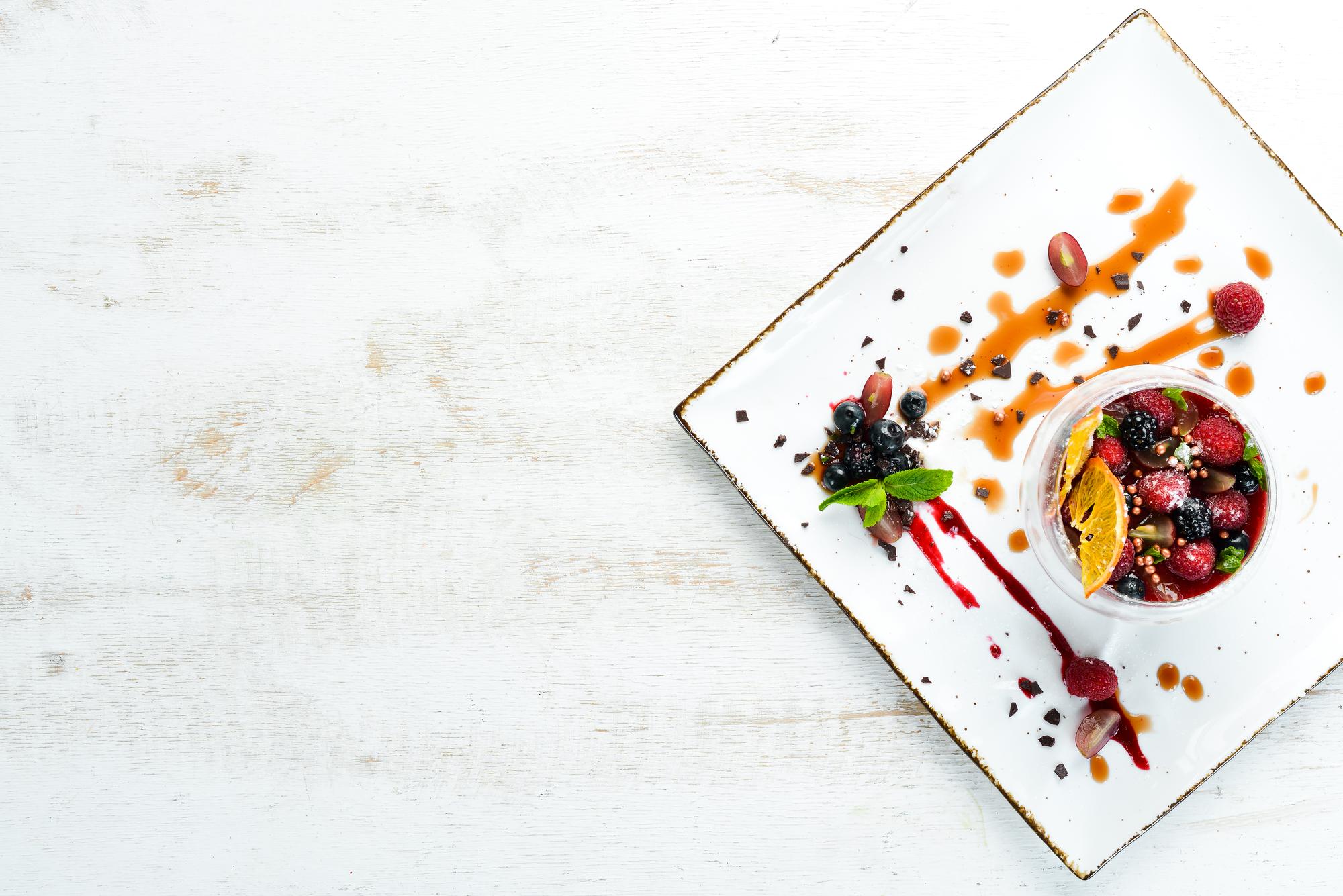 Large editorial shot of plated tasting menu