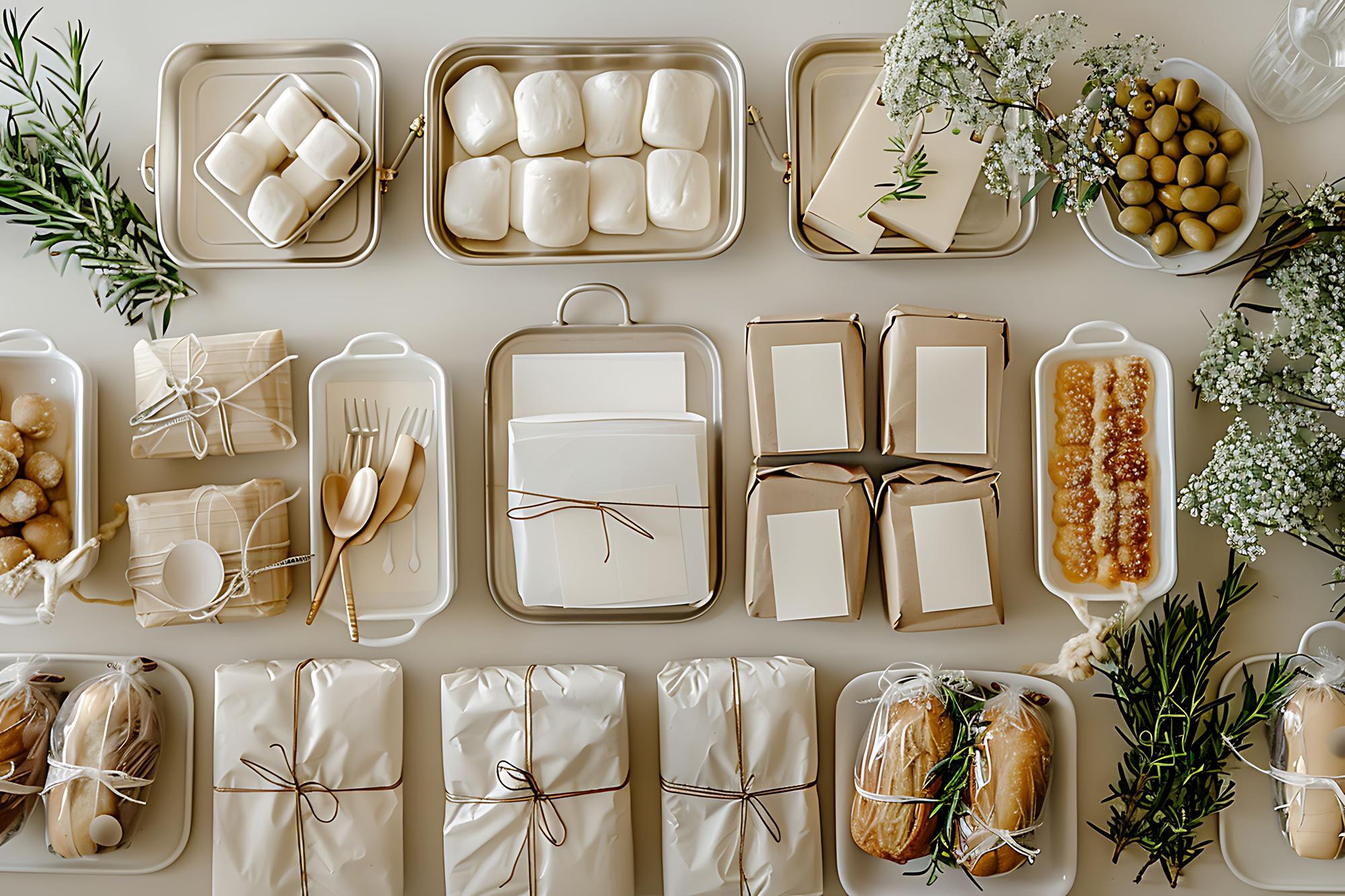 Flat lay of packaged catering boxes